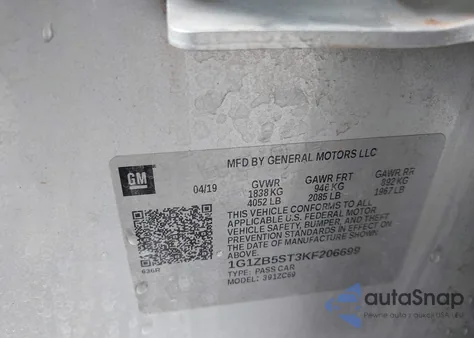 2019 Chevrolet Malibu 1Ls z USA, uszkodzony, nr VIN 1G1ZB5ST3KF206699